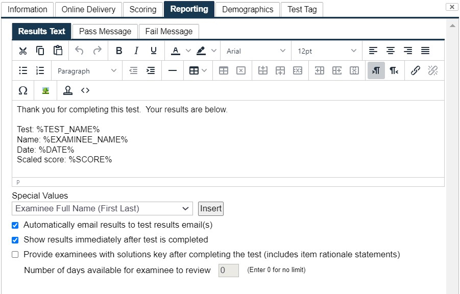 Figure 4.10 New Test Dialog – Results Reporting Tab